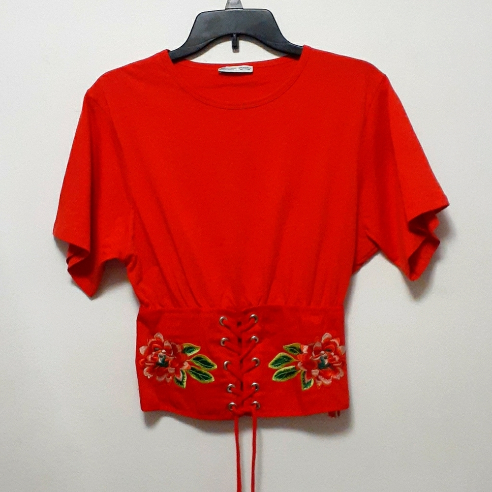 Zara Dark Orange Floral Corset Top Size Small - Picture 2 of 9
